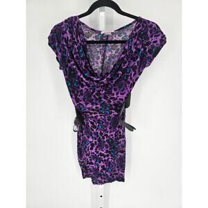 Wet Seal Women's Purple Cheetah Printed Cowl-Neck Belted Mini Dress Size L